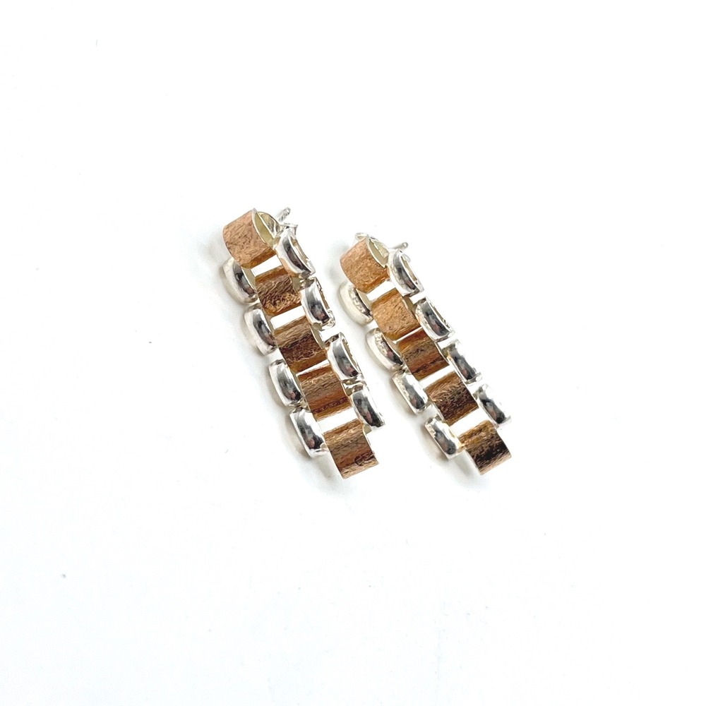 Sterling Silver Two Tone Watch Link Drop Earrings Textured Rose Gold 925 Post